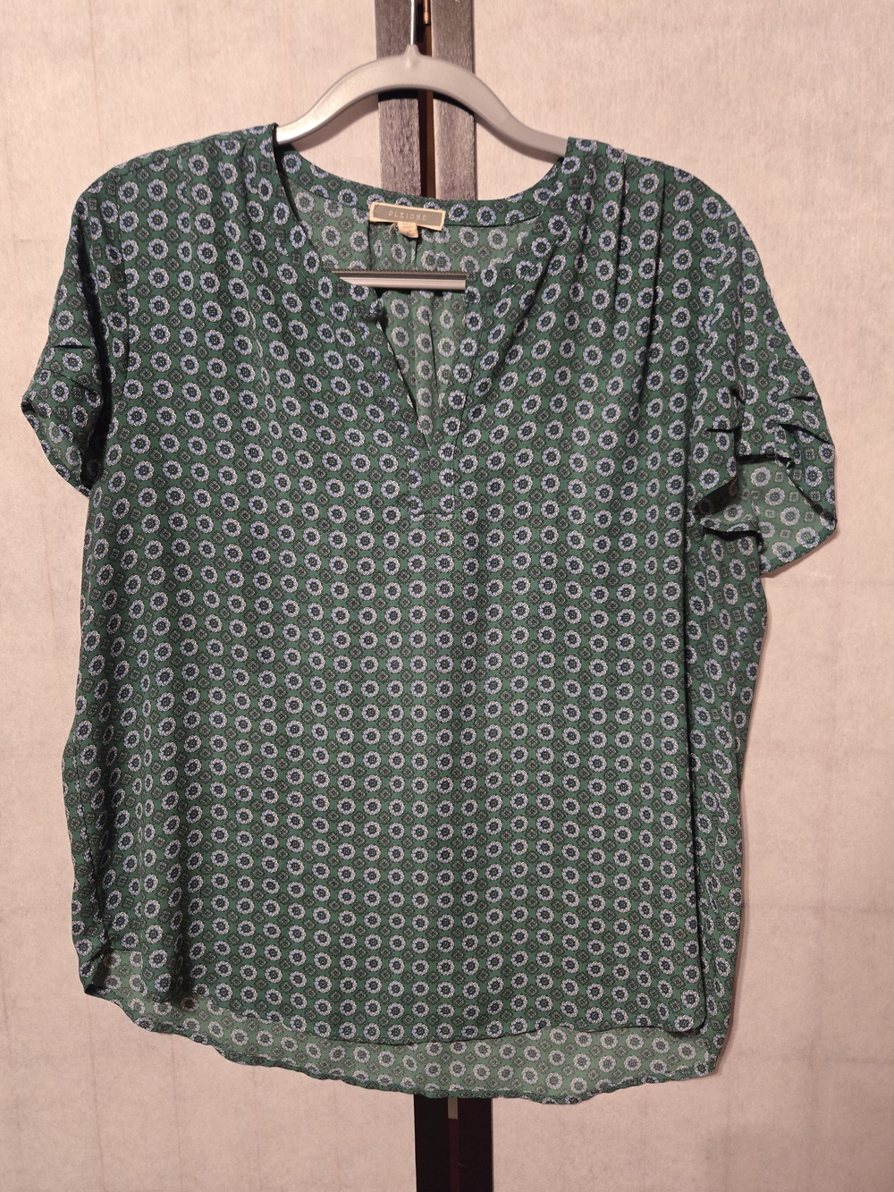 Pleione Green Patterned Short Sleeve Blouse
